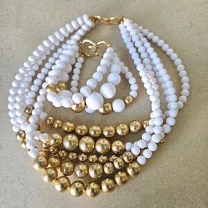 Vtg 60s 70s Chunky White Gold Multi Strand Bead Necklace Bracelet Jewelry Set